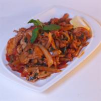 Chicken Kebat · Marinated chicken stir-fried with onions, tomato, mint, cilantro, jalapeños, turmeric, tamar...