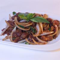 Basil ＆ Dried Chili Beef · Marinated tri tip tossed with dried red chili flakes, thai chilis, jalapeños, onions, tamari...