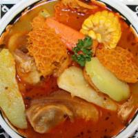 Sopa de Mondongo · Salvadorean style beef tripe soup with corn, and cabbage.