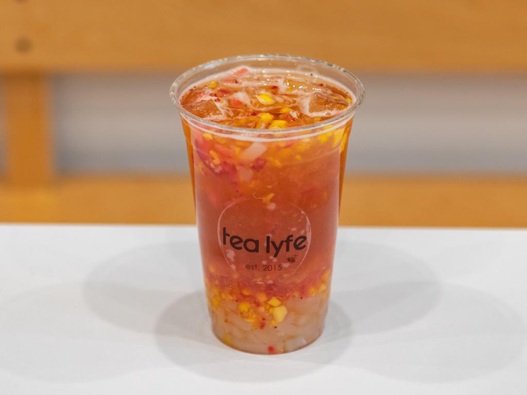 Mango Rose · real loose tea leaf. Mango rose: cold-brewed green, Oolong and rose tea with fresh strawberries and mango.