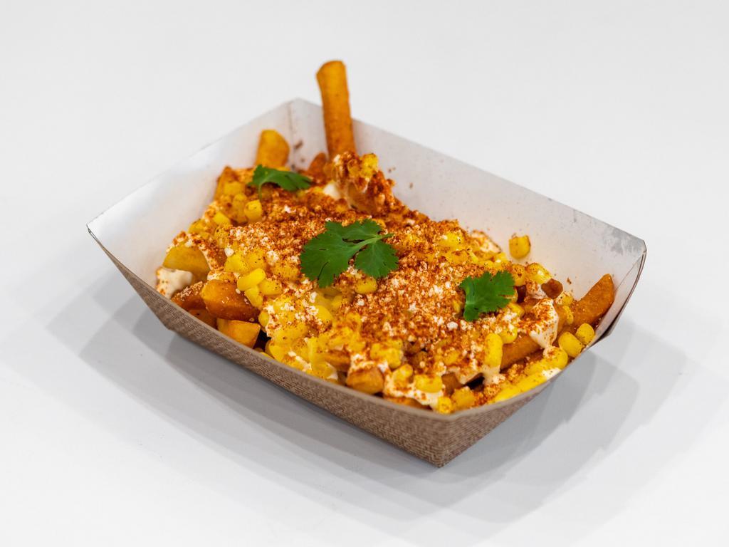 Elote Fries · French fries topped with Cotija cheese, mayo, sour cream, corn, chili pepper and cilantro. Fries served separately from other toppings.