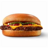 Cheeseburger · 100% beef patty topped with melted cheese, pickles, ketchup and mustard served on a warm toa...