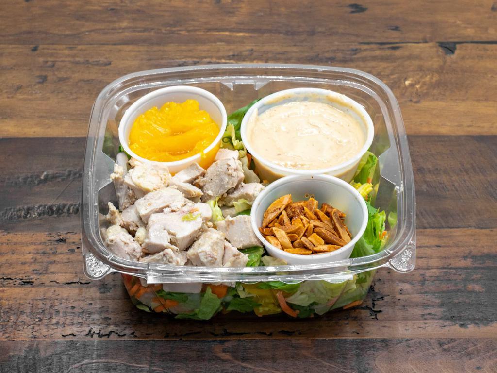 Stockton Street Asian Salad · Marinated Asian style chicken thighs sitting on top of chopped romaine lettuce, bell peppers, cilantro, red onion garnished with spicy almonds and Mandarin orange slices. Asian style dressing.