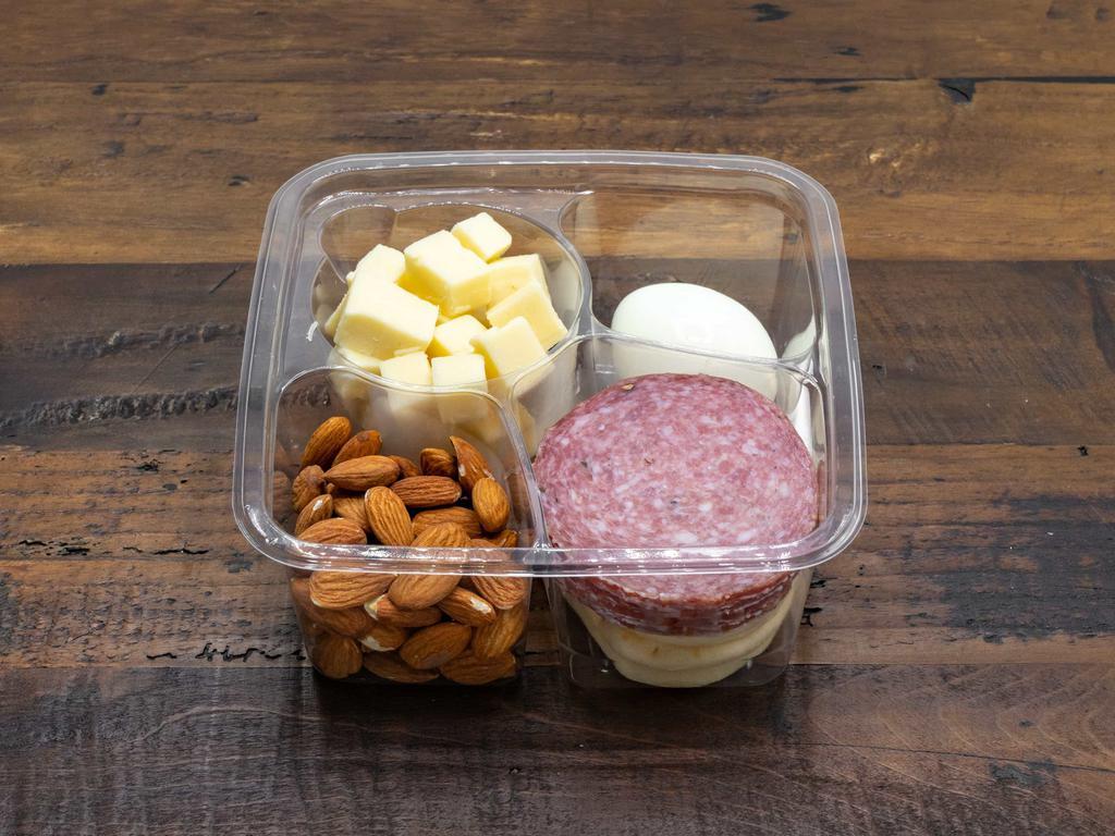 Protein Pack · Italian dry salame, aged white cheddar cheese, raw almonds, and a hard boiled egg.