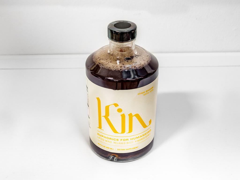 2 oz. Kin High Rhode Herbal Mixer · 8 servings. High Rhode is a made-to-mix social beverage that awakens your mind and boosts your mood. The perfect complement to any opening ceremony--think post-dinner social hour or pre-dinner aperitif--High Rhode is a brain-boosting, soul-quenching blend. Designed to pour into your favorite Kintail, this uplifting euphoric features herbal notes of bitters, tart citrus and spices and a floral finish so that you unlock a gentle rise and enhanced mood for deeper connections. Joyful boost - Uplifts mood so you feel ready to connect with others.  Soothing Calm - takes the edge off so you can relax and enjoy your night.  No alcohol - contains NO alcohol so you don't lose your morning. Grounded in an herbaceous palate, Kin High Rhode has notes of earthy florals, tart citrus, and warming spice. Mix with juices, sodas, and bitters to make it your own.