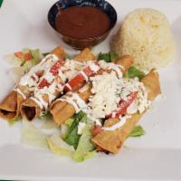Fried Taquitos combination · Beef or chicken, Served with rice and beans.