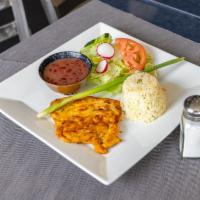 Grilled Chicken · Served with rice, fresh salad, and beans.