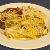 Enchiladas Mexicanas · Served with beans and rice.