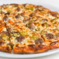 The Elmwood Park Combo Pizza · Italian sausage, Italian beef and hot giardiniera.  