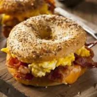 Bacon & Egg Bagel Sandwich · Choose 1 of our bagel flavors, and we'll add a slither of cream cheese (or not) then top it ...