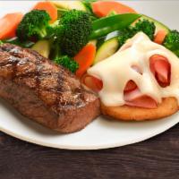 Steak and Malibu Chicken Combo · Hand-cut, 6 oz. steak and a golden fried chicken patty topped with aged Swiss Cheese and pre...