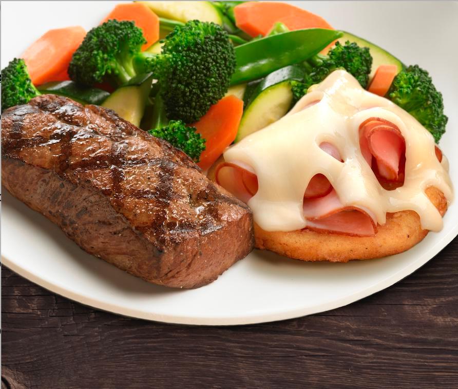 Steak and Malibu Chicken Combo · Hand-cut, 6 oz. steak and a golden fried chicken patty topped with aged Swiss Cheese and premium ham. Served with a choice of your favorite Sizzler side.