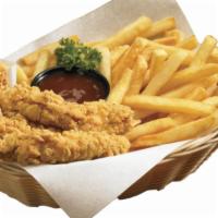 Kids Chicken Strips · 2 golden fried chicken strips. Served with a side of fries or seasonal melon. 