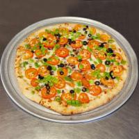 18'' Vegetarian Pizza Pie · Vegetarian Pizza comes with Mushrooms, Tomatoes, Black Olives, Cheese & Bell Peppers! 
