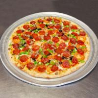 12'' Garbage Supreme Pizza · fresh mushrooms, tomatoes, bell peppers, black olives, cheese and pepperoni 