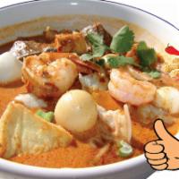 Laksa Vermicelli  · Contain peanuts, shrimp paste and coconut soup.
fish ball, fish cake, fried tofu, shrimp, an...