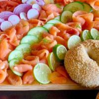 Bagel & Lox Board (18X12) (PRE ORDER 2 DAYS IN ADVANCE)  · Includes 20 oz of lox, 12 classic bagels of your choice(on separate tray), two half-pound cr...