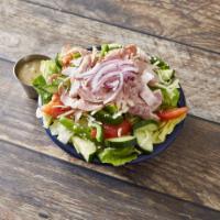 Antipasto Salad · Ham, salami, tomatoes, cucumbers, green peppers, red onions, mozzarella and Italian dressing.