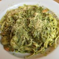 Gus's Favorite · Shrimp, green onion, fresh tomatoes, capers, light pesto sauce, garlic butter sauteed on whi...