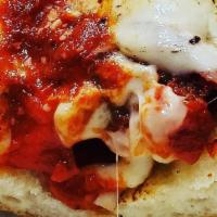 Pizza cheesesteak sandwich · Philly steak sandwich served with marinara, mozzarella cheese and pepperoni 