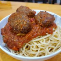 Spaghetti and Meatballs · A hearty portion of spaghetti with homemade meat sauce, with 2 large meatballs. Served with ...
