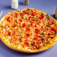 House Special Pizza · Beef, pepperoni, mushrooms, green peppers, onions, sausage, and ham.available in  Personal, ...