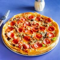Gondolier Special Pizza · Beef, pepperoni, mushrooms, green peppers, onions, sausage, black olives, tomatoes, and feta...
