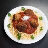 Spaghetti and Meatballs · Homemade marinara sauce and meatballs served over spaghetti.