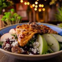 Maple Chicken Salad · Maple walnut grilled chicken. Apple, dried cranberries & tomato. Local goat cheese. Balsamic...