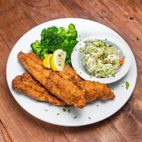Catfish Basket · 2 pieces. Deep-fried in our seaside seasoning. Served with coleslaw, 2 pieces of hush puppie...