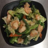 68. Stir Fried Shrimp with Vegetables · Served with your choice of side.
