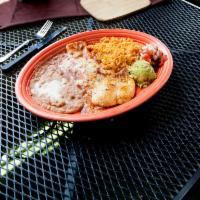 Pollo Asado · Grilled chicken breast served with a cheese enchilada and rice and beans, garnished with gua...