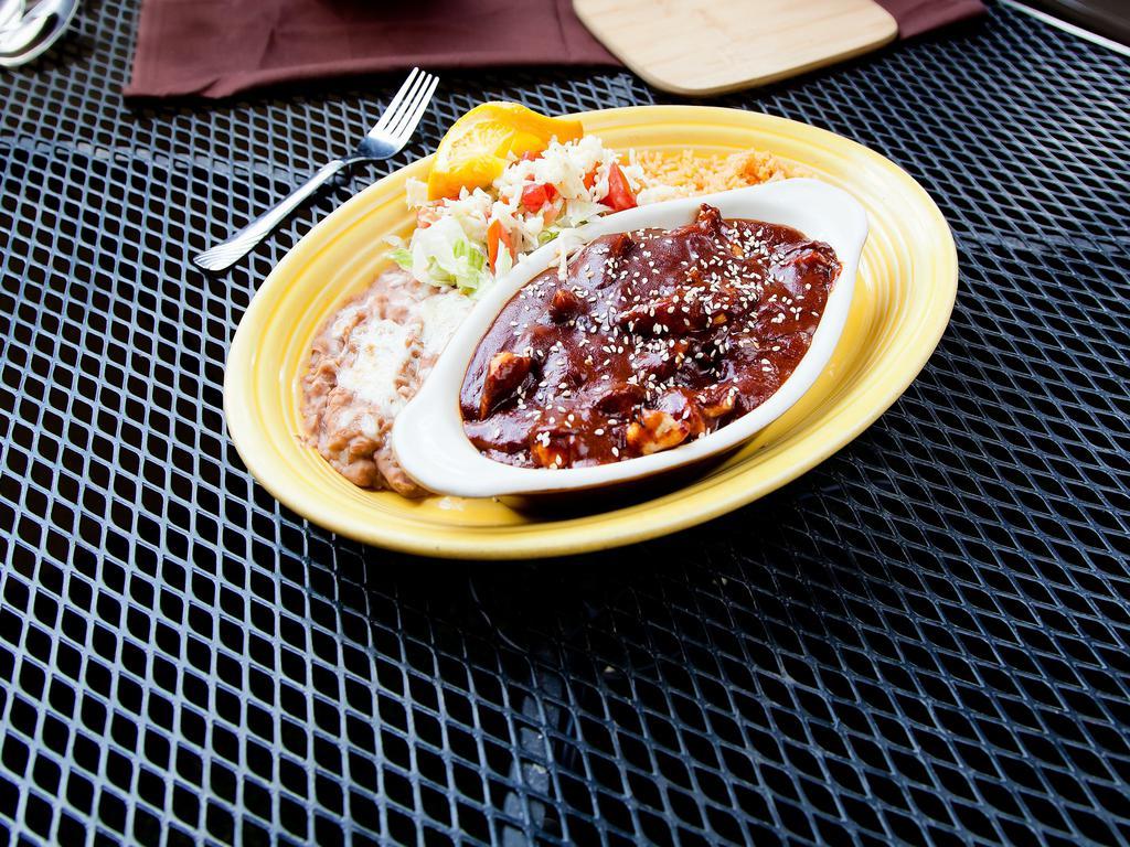 Pollo en Mole · Marinated chicken breast simmered in a mole sauce, served with rice and beans.