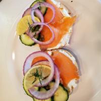 Bagel and Lox · Smoked salmon, cream cheese, red onion, capers, dill, cucumber, lemon on everything bagel.