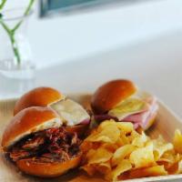 3-Peat Sliders  · BBQ pulled pork, ham and Swiss with hot bacon honey mustard, Cuban on brioche roll.