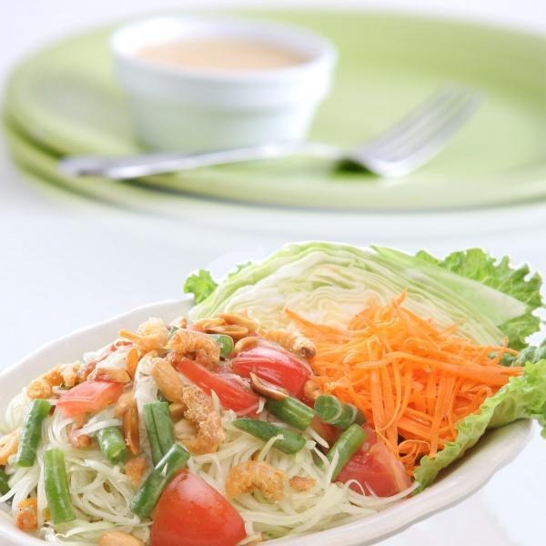 38. Papaya Salad · Traditional Thai salad, shredded green papaya mixed with shrimp, tomatoes, green bean, ground peanut, garlic and house dressing.