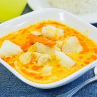 66. Yellow Curry · With coconut milk, potatoes, onion, carrot and yellow curry paste. Includes white or brown r...