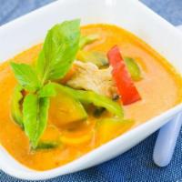 69. Pumpkin Curry · Pumpkin, bell peppers and basil leaves in red curry paste with coconut milk. Includes white ...