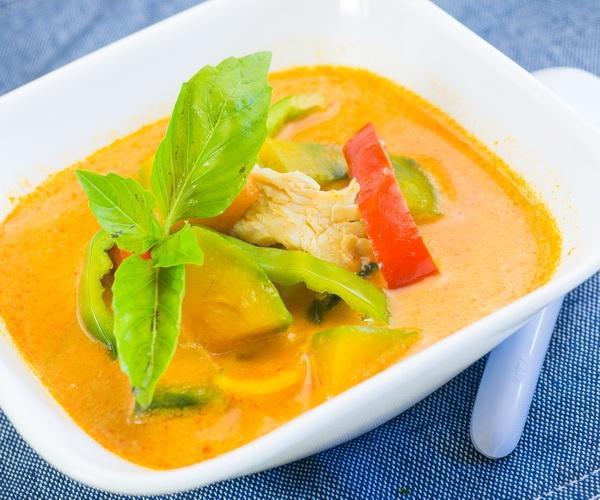 69. Pumpkin Curry · Pumpkin, bell peppers and basil leaves in red curry paste with coconut milk. Includes white or brown rice. Hot and spicy.
