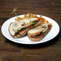 Fried Eggplant Sandwich · roasted red peppers / arugula / fresh mozzarella / basil aioli / balsamic reduction