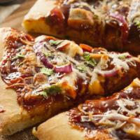 BBQ Chicken Pizza · With BBQ chicken with BBQ sauce and onions.
