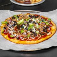 Supreme Pizza · With pepperoni, mushrooms, sausage, onions, green bell peppers, and olives.