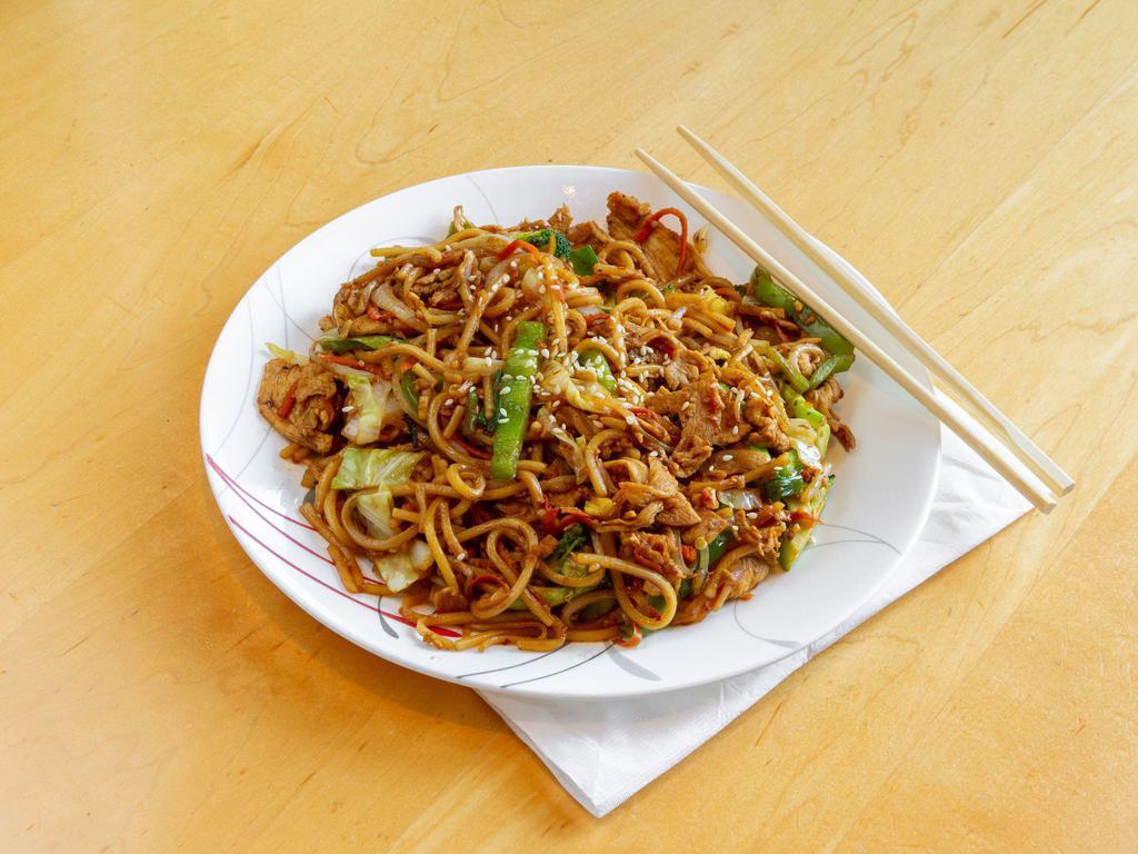 Warrior Platter · Noodle, cabbage, green onion, bean sprout, carrots, onion, broccoli, and bell pepper in special house sauce. Choice of beef, chicken, pork, or tofu.