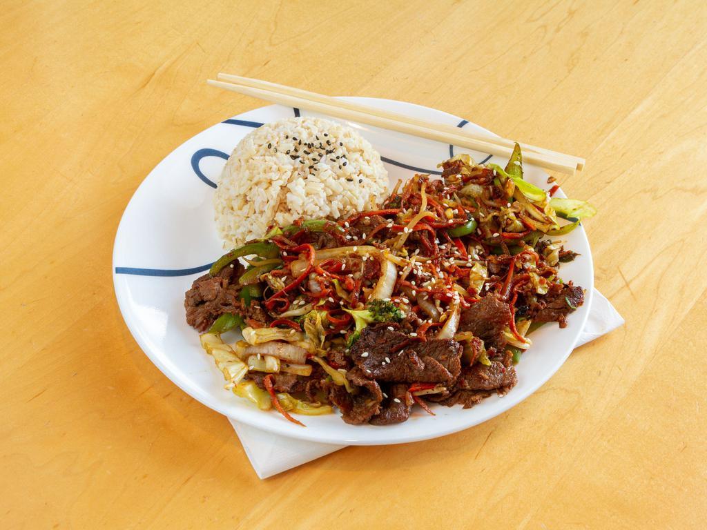 Mongolian Platter · Cabbage, green onion, bean sprout, carrots, onion, broccoli, and bell pepper in special house sauce, served with white or brown rice. Choice of beef, chicken, pork, or tofu.
