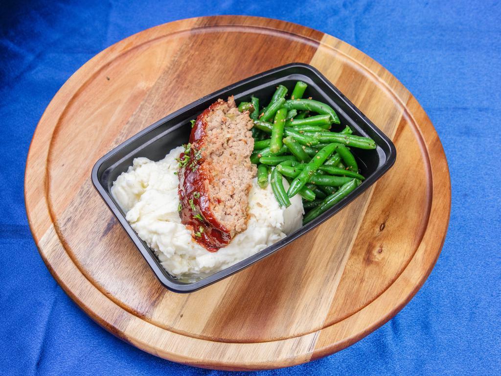 BBQ Turkey Meatloaf · Served with mashed red bliss potatoes and garlic green beans.