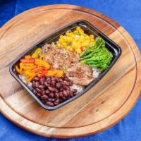 Grilled Steak Butler’s Pantry Bowl · Served with savory rice, roasted corn, sweet peppers, black beans, salsa.