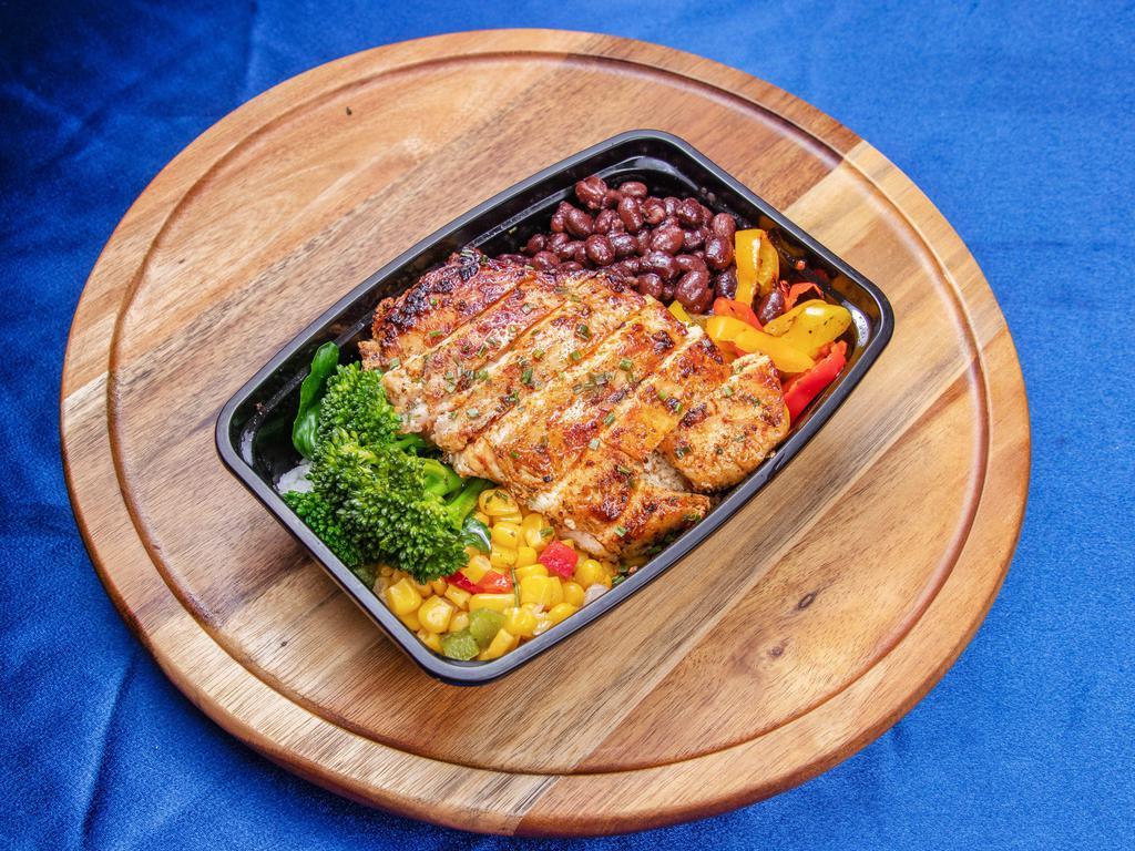 Grilled Chicken Butler’s Pantry Bowl · Served with savory rice, roasted corn, sweet peppers, black beans, salsa.