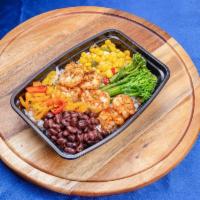 Shrimp Butler’s Pantry Bowl · Served with savory rice, roasted corn, sweet peppers, black beans, salsa.