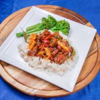 Vegan Sausage and Red Beans · Served with rice and broccoli.
