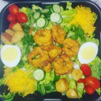 Fried Shrimp Salad · Lettuce, tomato, cucumber, croutons, cheddar cheese.